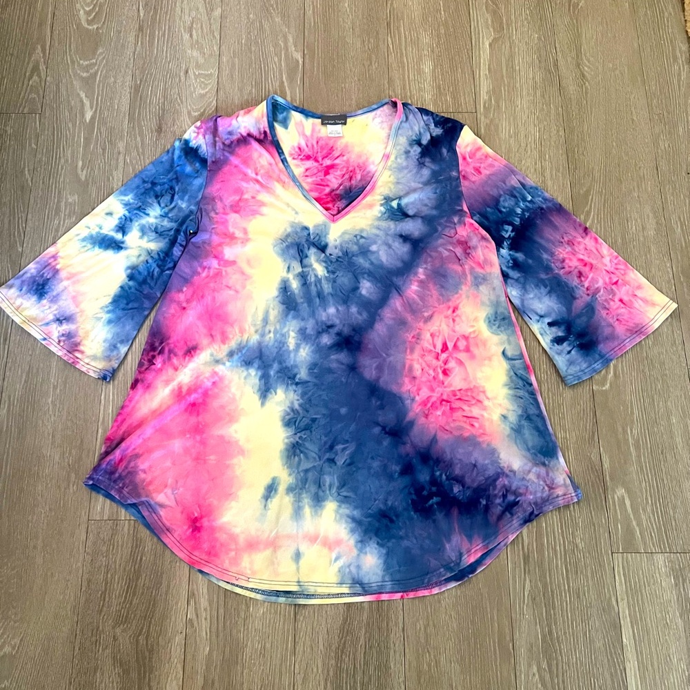 Jordan Taylor  Tie Dye Swim Cover Large Tunic Pink V Neck Bell Sleeves Whimsy